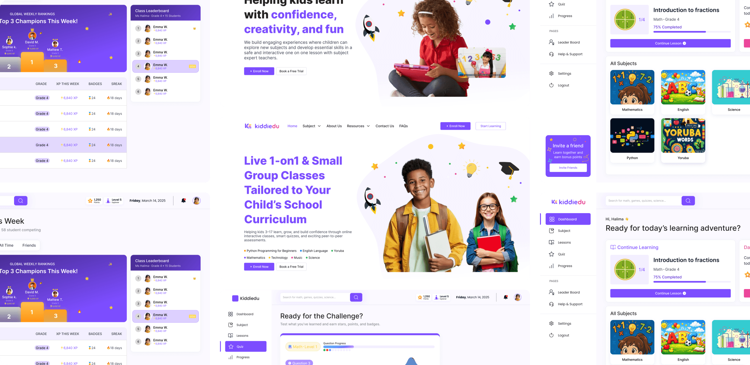 Kiddiedu dashboards, class booking screens, and mobile app views